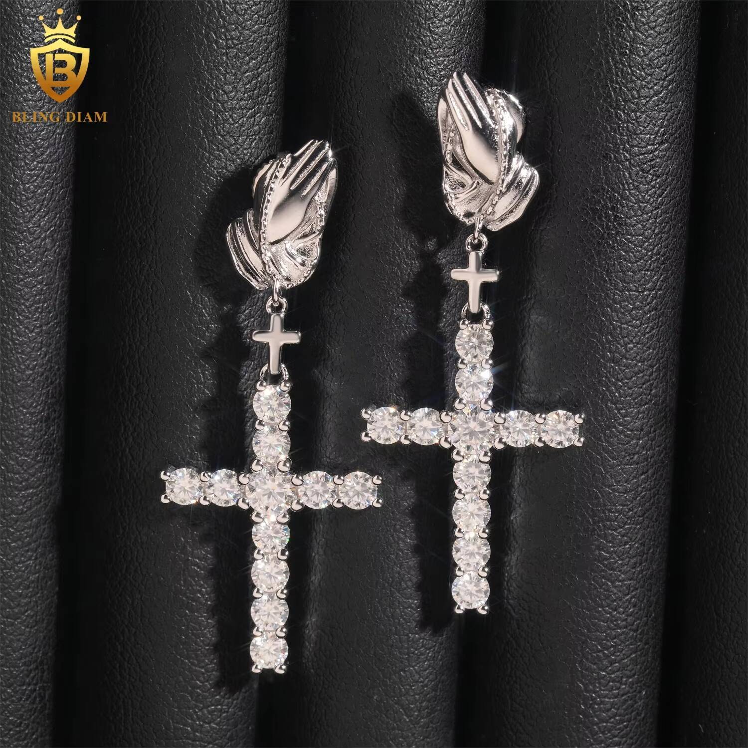 New Arrival Pass Diamond Tester VVS Moissanite 925 Sterling Silver Iced Out Cross Earrings