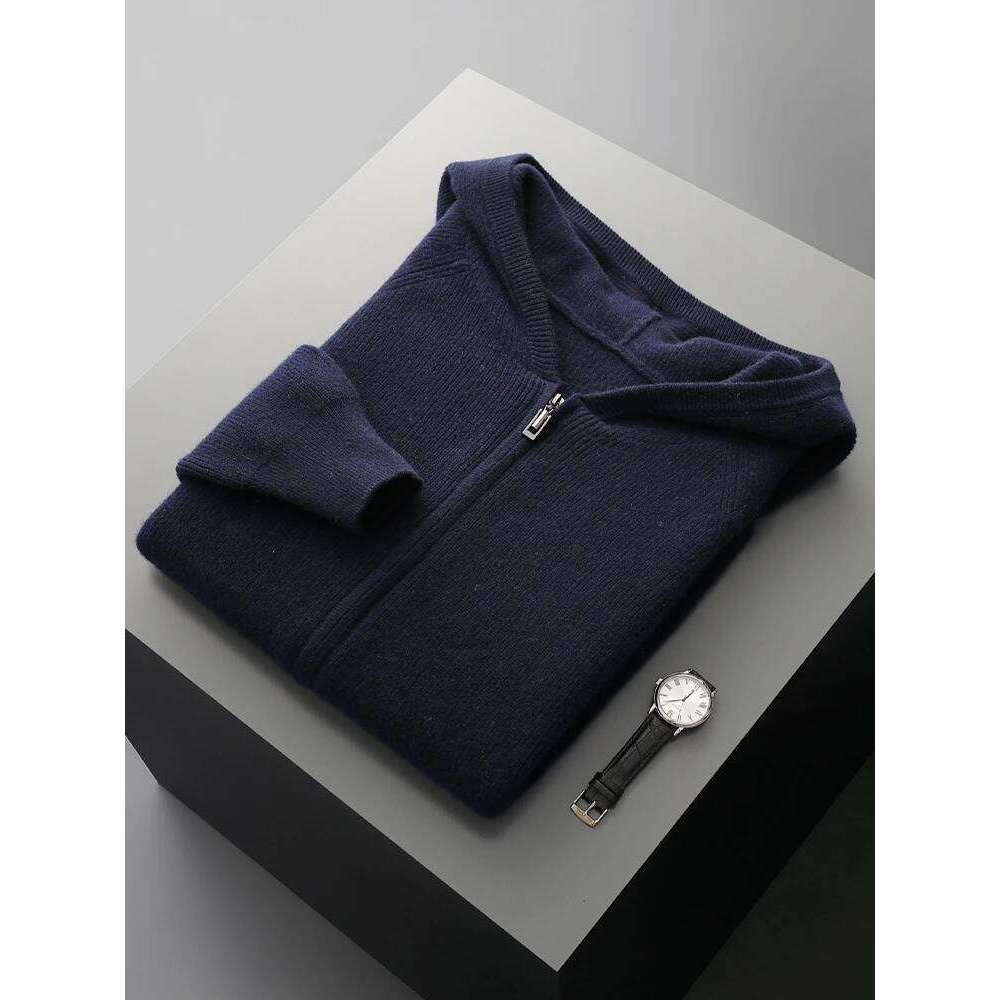 Thicken 100%Pure Wool Zipper Cardigan Men's Hooded Collar Knit Coat Casual Large Size Jacket Autumn Winter New Base Shirt 250812