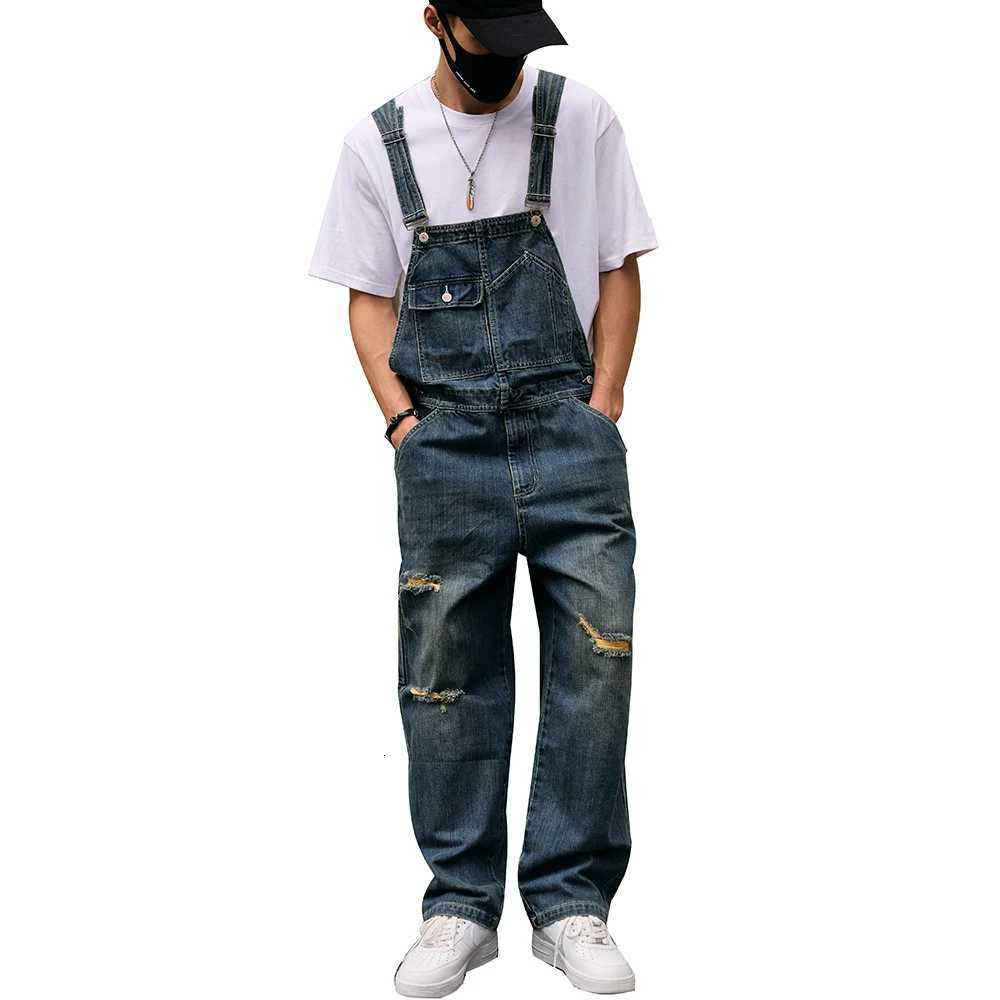 Men Loose Holes Ripped Denim Bib Overalls Pockets Distressed Blue Jeans Adjustable Suspenders Jumpsuits Coveralls Dungarees X250812