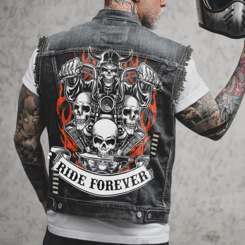 2024 mens denim jacket retro fashion motorcycle sleeveless high street handsome vest clothing 250805