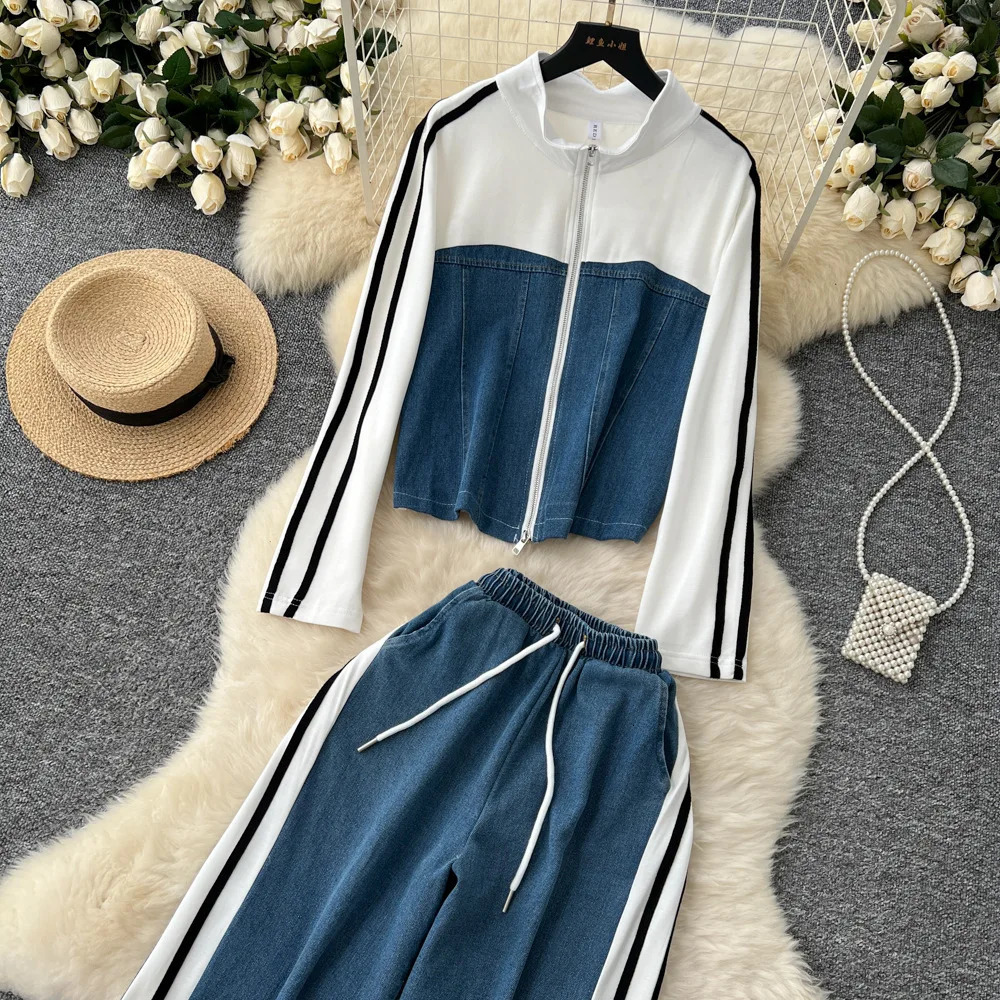 Denim Pant Set Women Two Piece Sets Autumn Matching Sets Zipper Coats Wide Leg Long Pants High Waist Y2k Streetwear Shirt Work 250808