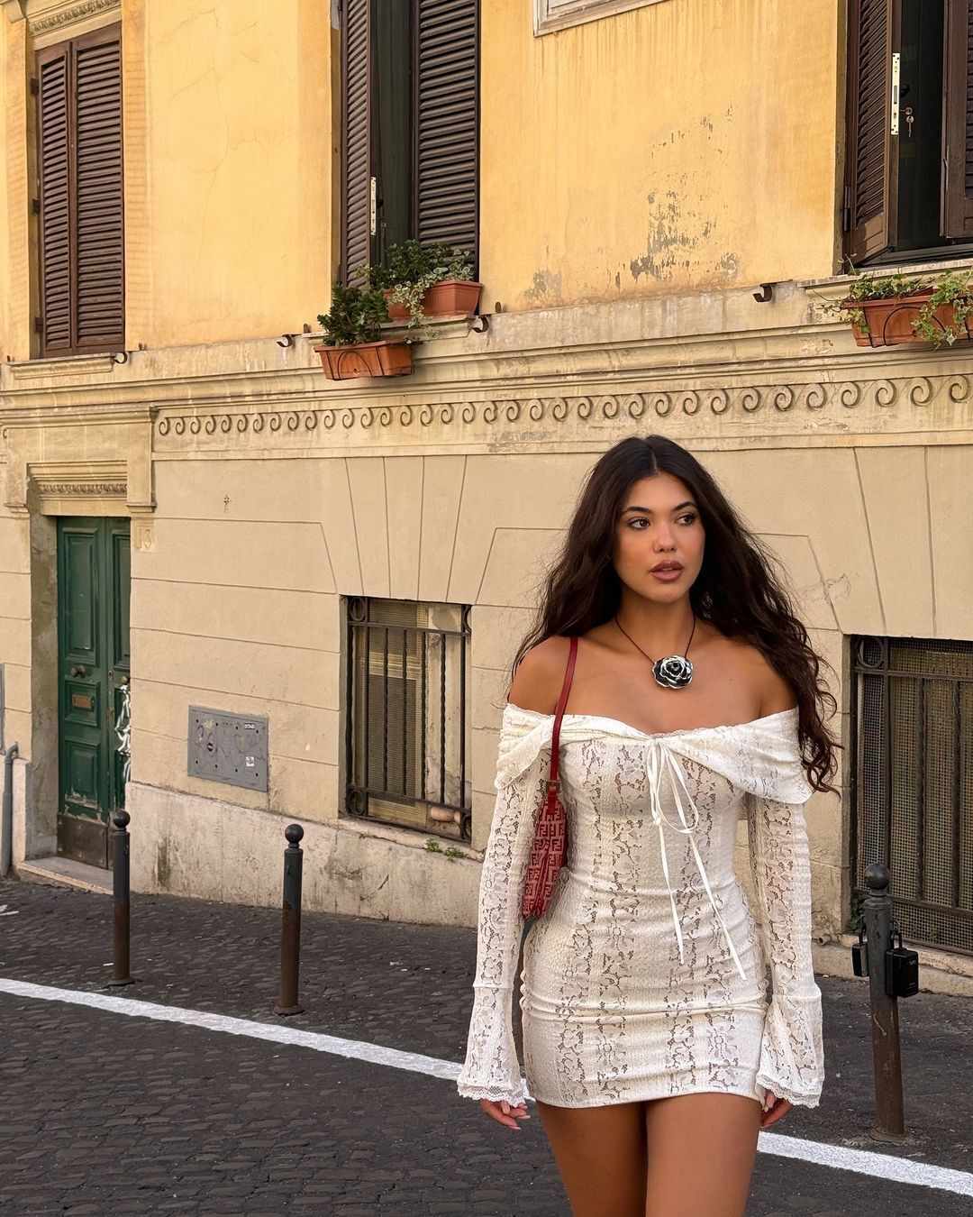 2025 Summer New Women's Lace Lace Strap Off Shoulder Trumpet Sleeves Slimming Long Dress European and American Sexy Long Sleeve High Waist trend 