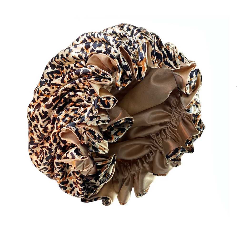 Leopard Print Double Layer Silky Bonnet with Adjustable Elastic Band High Quality Satin Nightcap Free Shipping XJ250812