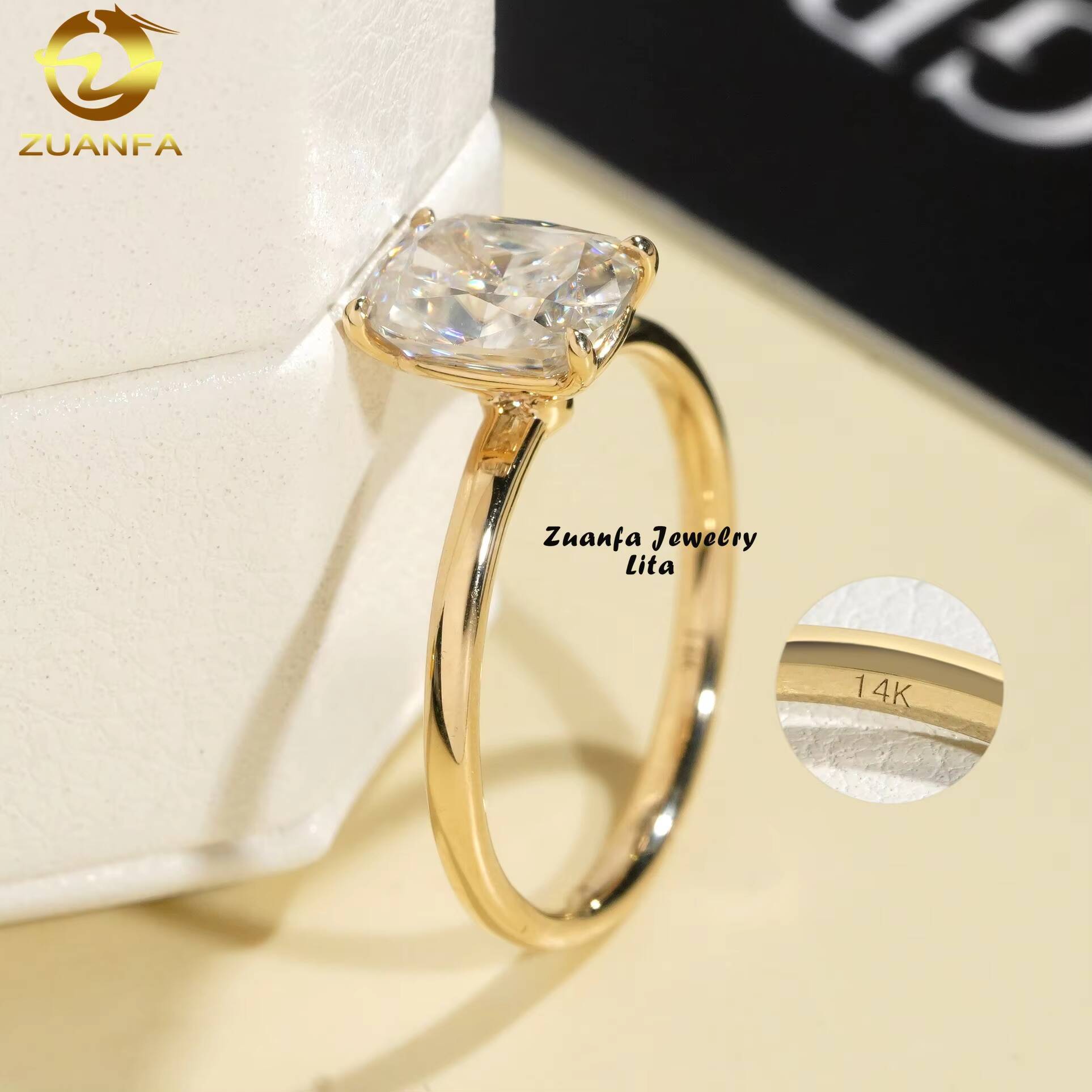 Fashion Single Diamond Engagement Wedding 2 ct Long Cushion Cut Moissanite 14k Real Gold Ring