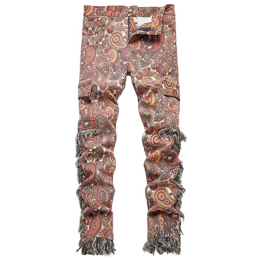 Men Bandana Print Pants Plus Size Multi Pockets Cargo Jeans Fashion Tassels Paisley Bandanna Trousers X250812