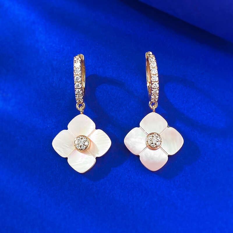 Mujing Jewelry S Sier Live New Pink Mother-of-Pearl Four-Leaf Clover Multicolor Earrings Ins Style Light High-End Feel