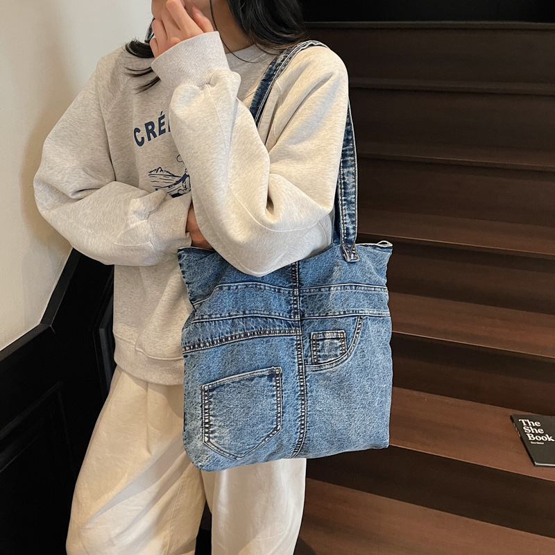 Denim for Women New Fashion Versatile Single Shoulder Crossbody Patchwork Commuter Tote Bag