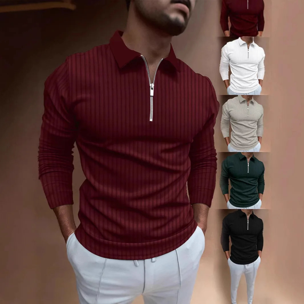 Mens Polo Shirt with Collar Stripes Long Sleeves and Zipper 250811