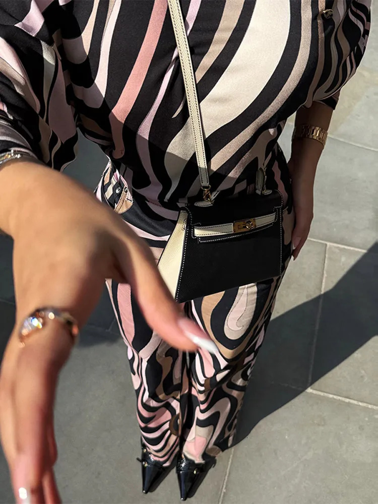 Geometric Print Top pant suits Women two pieces set round neck long sleeve Blouse loose pant Vacation Beach vacation pant outfit 250811