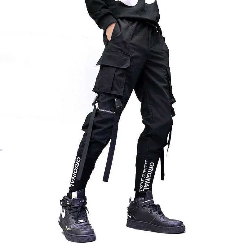 Hip Hop Men Ribbons Cargo Pants Fashion Harajuku 2024 New Elastic Waist Casual Streetwear Mens Joggers Black Trousers X250812