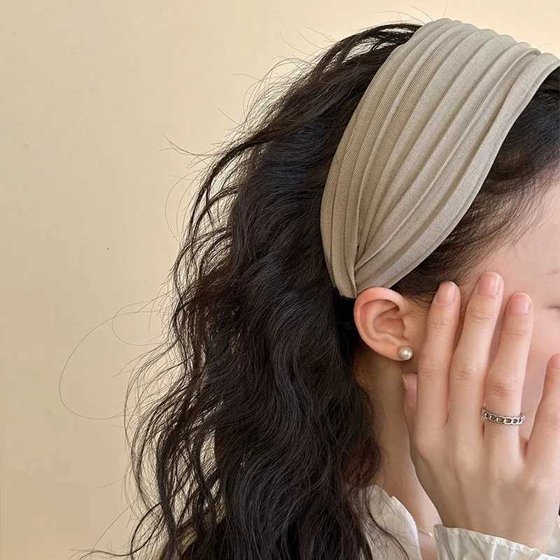New Vintage Wide Pleated Chiffon Fabric Bands Simple Solid High Crown Hairband Wen Non-Slip Hair Hoop Wrap Accessories X250812