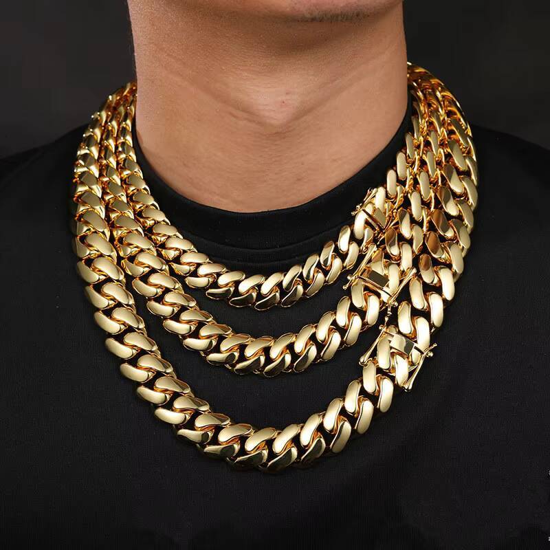 Wholesale Fashion Jewelry 14K 18K Gold Plated Heavy Chunky Solid Miami Cuban Link Chain Hip Hop Necklace for Men