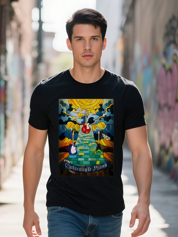 Men S Casual Crew Neck T-Shirt Angel Design Onward to Heaven Text Black with Colorful Print Perfect for Summer