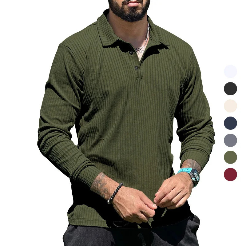 Mens Casual European and American Lapel Long Sleeve Mens T-shirt Lapel Polo Shirt 250811
