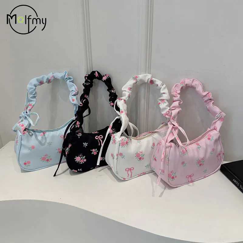 Womens Underarm Bag Summer Canvas Pleated Handlebags Armpit Purse Floral Bow Printed Zipper Tote Handbag Female Y2k Shoulder Bag Z250812