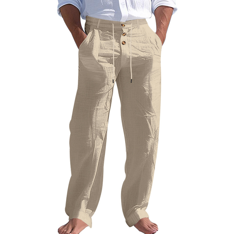Men's cotton and linen pants casual long pants, summer beach pants straight-leg solid color comfortable breathable long pants European size: S-3X