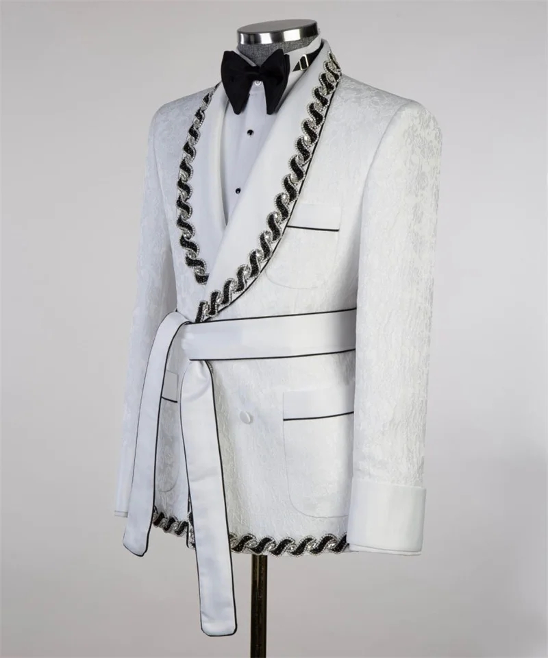 Modern Men Suits Jacquard Tailor-Made 2 Pieces Set Shawl Lapel Jacket Beading Blazer Double Breasted Groom Customized Coat Pants Plus Size