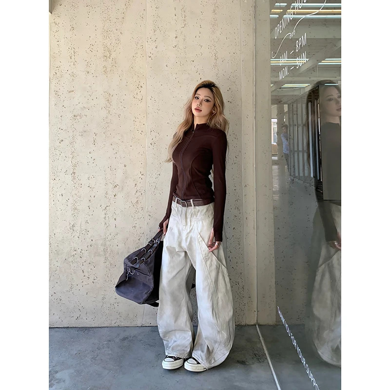 American Retro 2000s High Waist Full Length Jeans Pockets Hip-hop Baggy Cargo Pants Women Casual Y2K Grunge Street Denim Trouser 250811