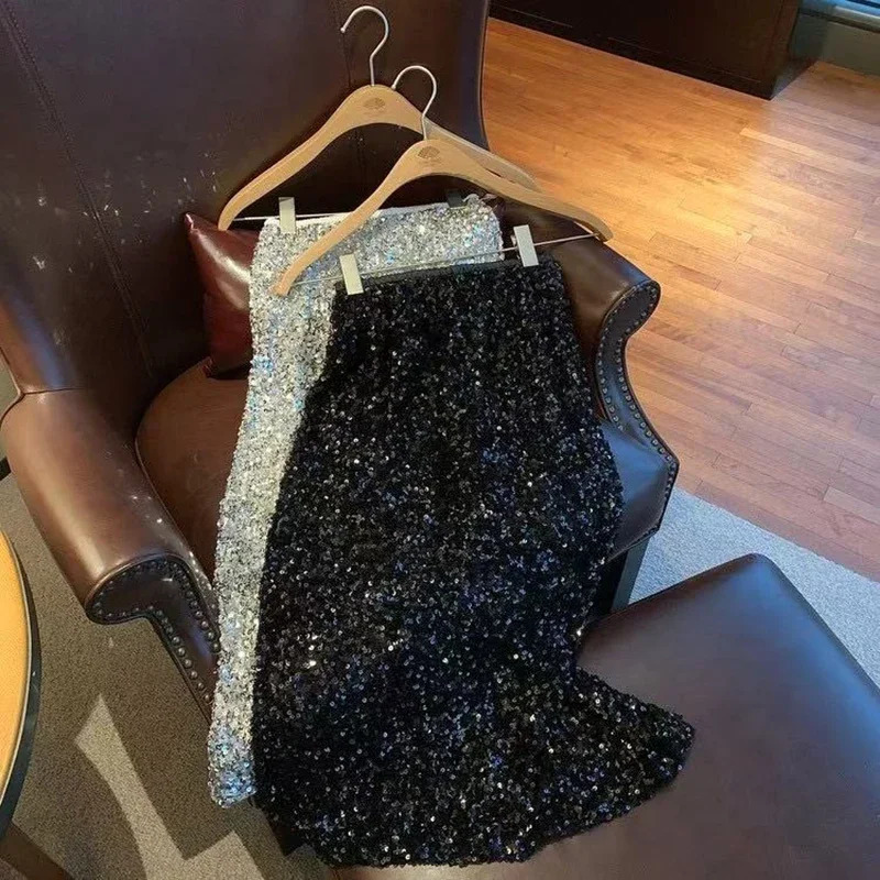 Sequin Decorate Women Midi Skirts High Waist Korean Office Lady Rear Slit A Line Y2K Elegant Hepburn Style Party 250811