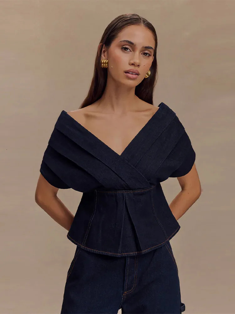 Womens Sexy Two-Piece Suit Denim Long Pants Set High Street Deep V-Neck Bandage Top Backless Straight Loose Jeans 250806