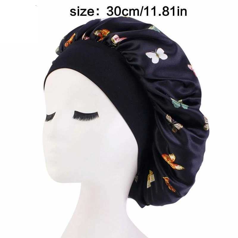 Butterfly Print Satin Sleeping Cap Wide Brim Nightcap Hair Care Turban Chemo Hat for Washing Face Skin-Caring Makeup XJ250812