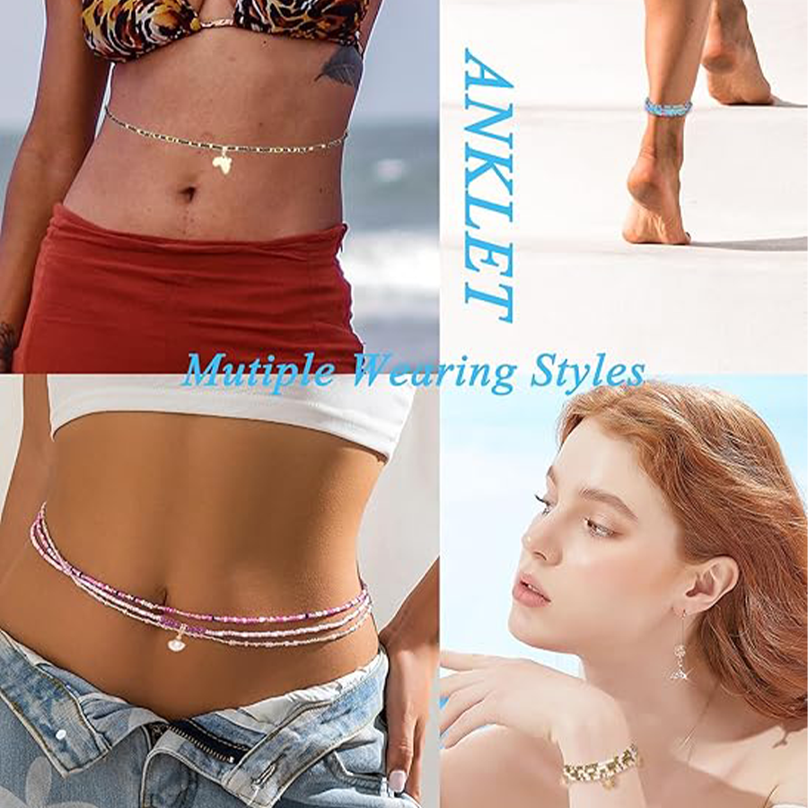 Tornito 8Pcs 31.5 Inches African Waist Bead Chain Elastic Belly Beads Butterfly Shell Layered Body Chain Golden White Tone Jewelry Accessories for Wom