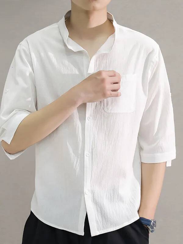 2025 Solid Color 3/4 Sleeves Spring Loose Stand Collar Male Office Buttons Placket Men Over Shirt for Work ddmymarket