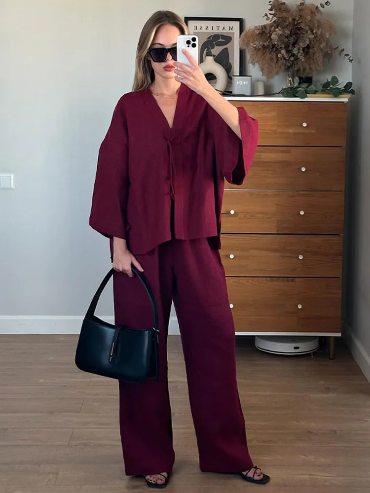 Summer Brown Cotton Linen Loose Pants Sets Fashion V-neck Lace Up Long Sleeve Shirt Suit 2025 Womens Casual 2 Piece Outfits 250811