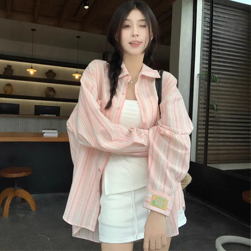 Pink Striped Shirt Women Korean Style Loose Long Sleeved Button Up Blouse Ladies Autumn Wild Streetwear Casual Shirts 2025 250811