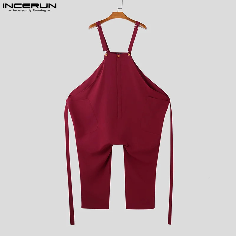 2025 Men Jumpsuits Solid Color Oversize Sleeveless Loose Wide Leg Rompers Streetwear Pockets Fashion Straps Overalls INCERUN 250729