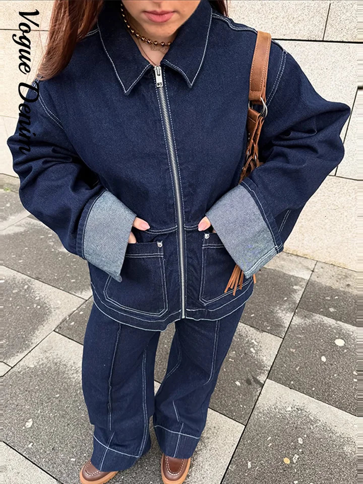 Denim Woman Trousers Two-piece Set Zipper Pockets Revers Sleeve Coats Basic Straight crimping Hem Jeans Casual Lady Outfits 250811
