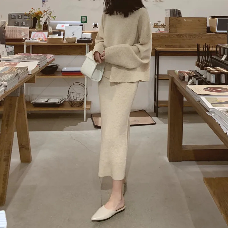 Fashion O Neck Long Sleeve Knitted Pullovers Skirt Suits Winter Elegant Ladies Solid Cashmere Sweater Skirt 2 Piece Set Women 250811