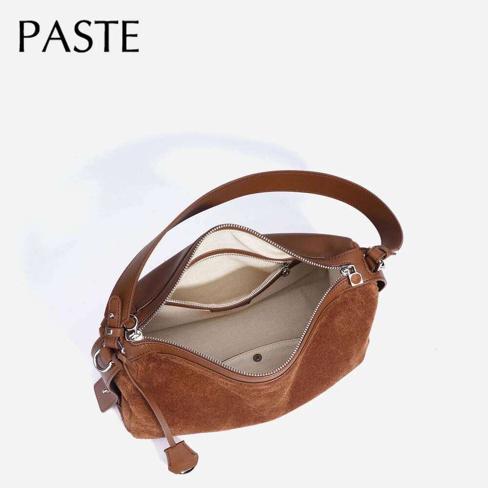 2026 Winter Fashion Stylish Coffee Color Hobo Tote Glossy Cowhide Patchwork Matte Suede Leather Women Handbag Commuter Purse