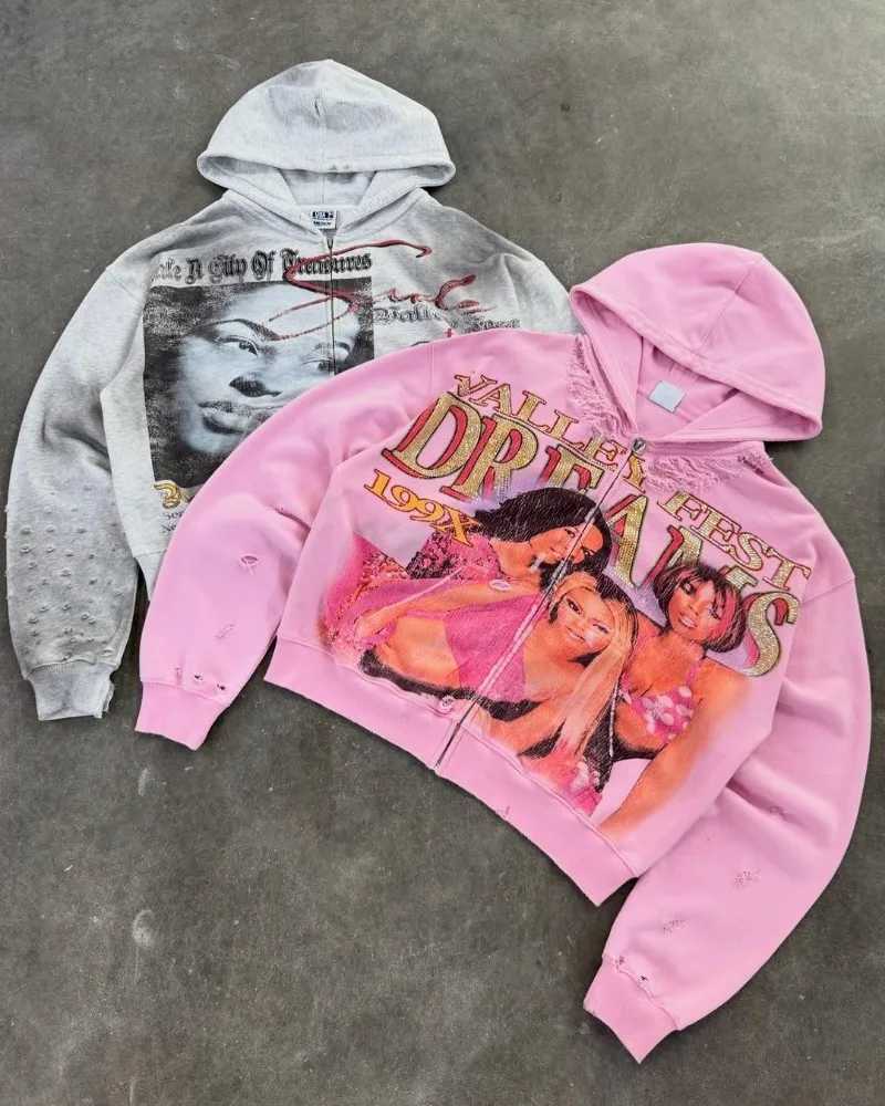 2025 Y2K American Hip Hop Harajuku Retro Cartoon Printed Sweatshirt Men Casual Loose Hip Hop Oversized Zipper Hoodie Women X250812