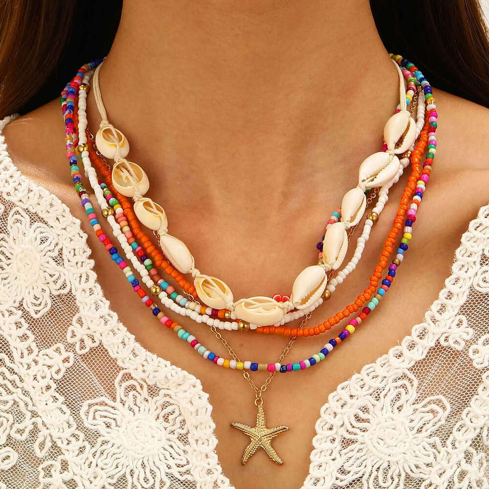 Bohemian Style Jewelry Ocean Holiday Colorful Dopamine Rice Beads Shell Necklace for Women