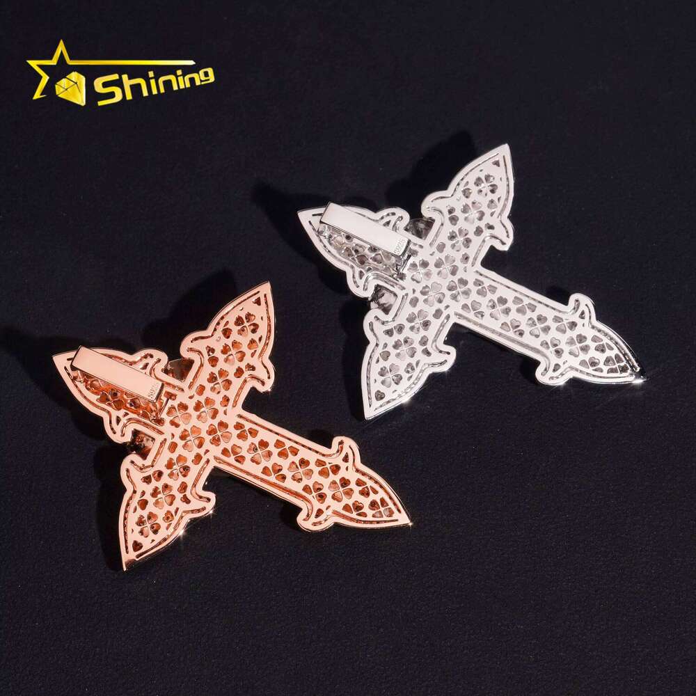 Hip Hop Rose Cross Sterling Sier Gold Plated Moissanite Iced Out Dia Charm Pendant