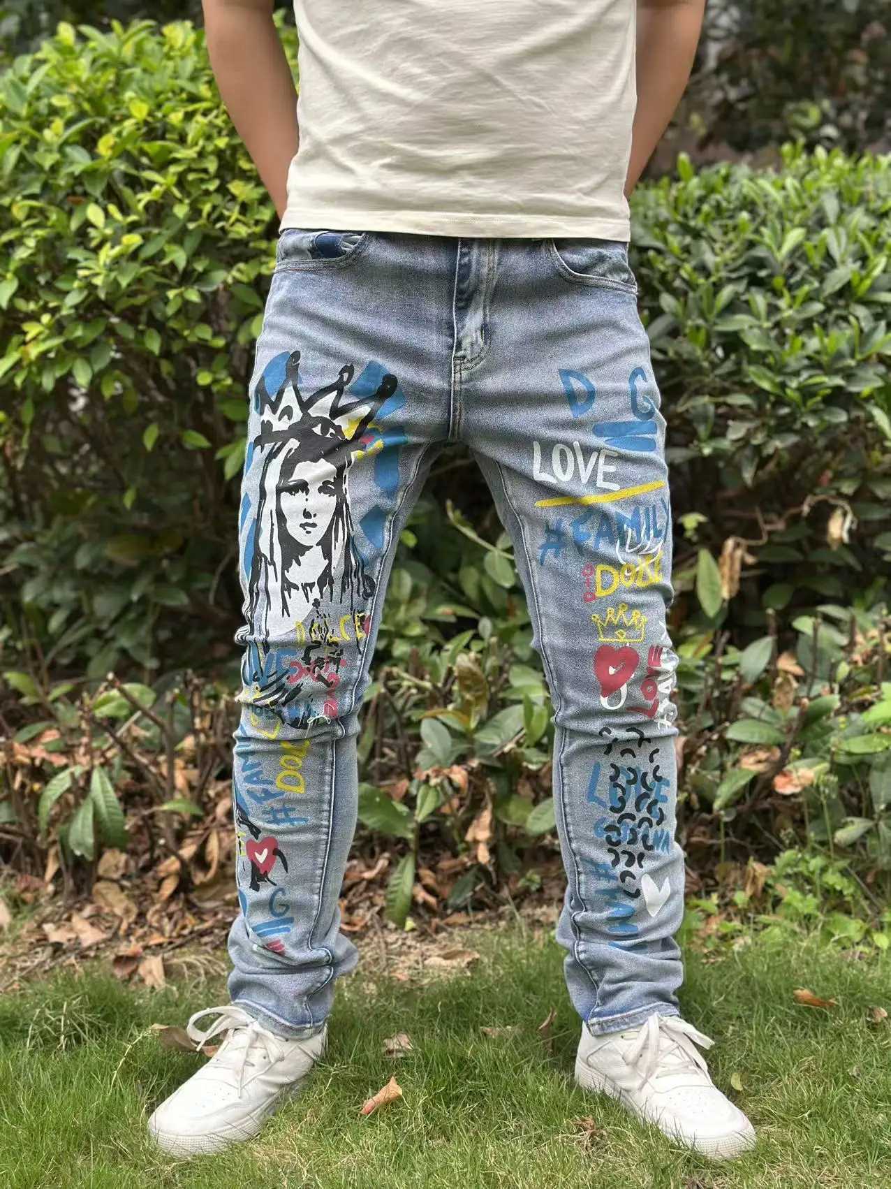 Street casual wear mens jeans fashionable prints classic style trousers with a waist-cinching design. Light Blue Version X250812