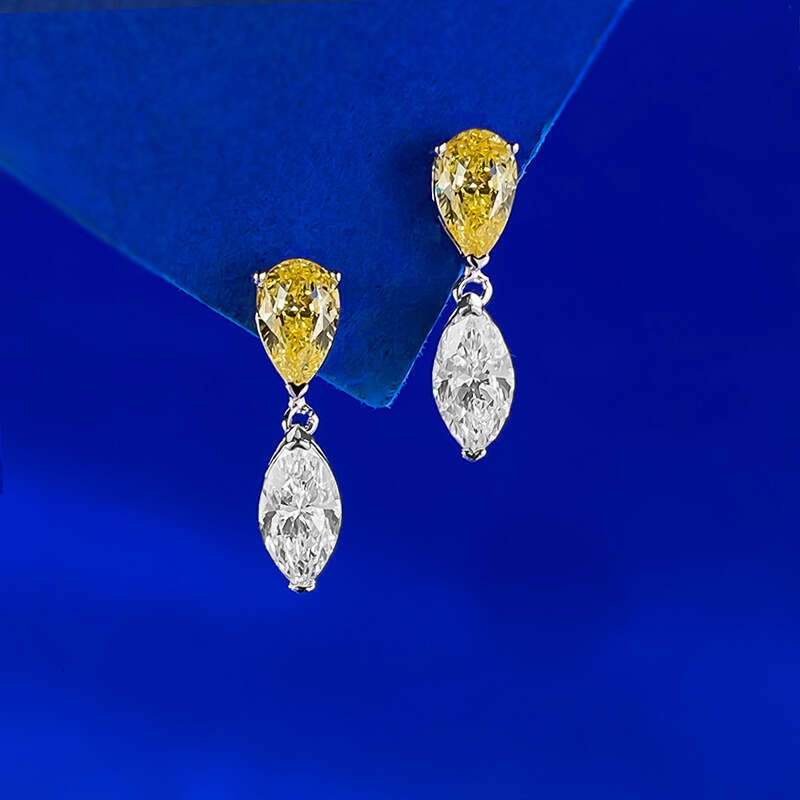 Mujing Jewelry New S Sier Water Drop Horse Eye Double Stone White Yellow Contrast Earrings Zirconia Light Simple