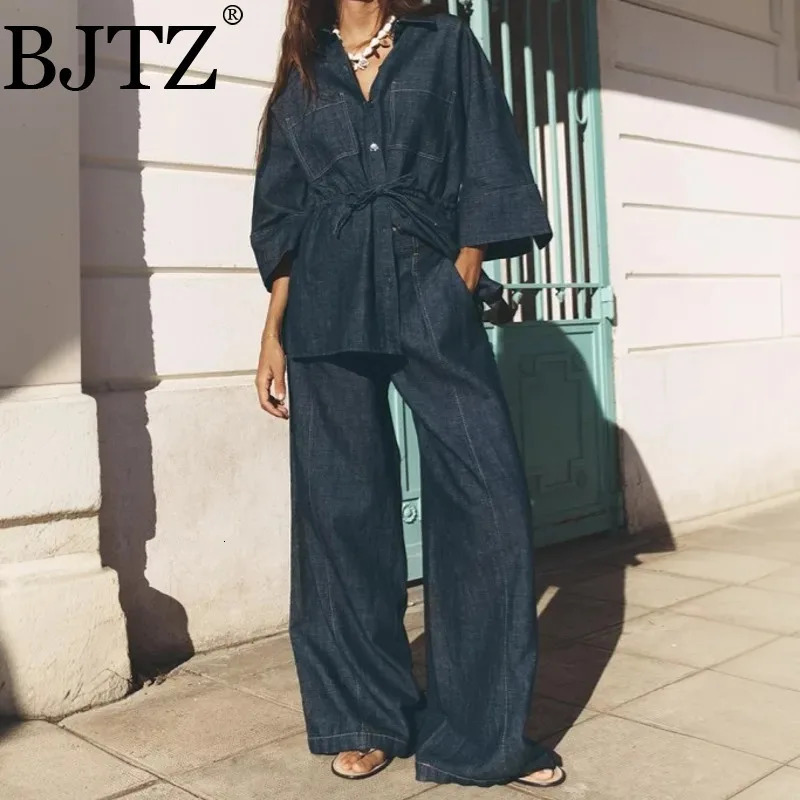 BJTZ 2025 Spring Summer Womens Belted Denim Set Jacket Wide Leg Pants Two Piece Casual Chic Streetwear Outfit Lightweight 250808