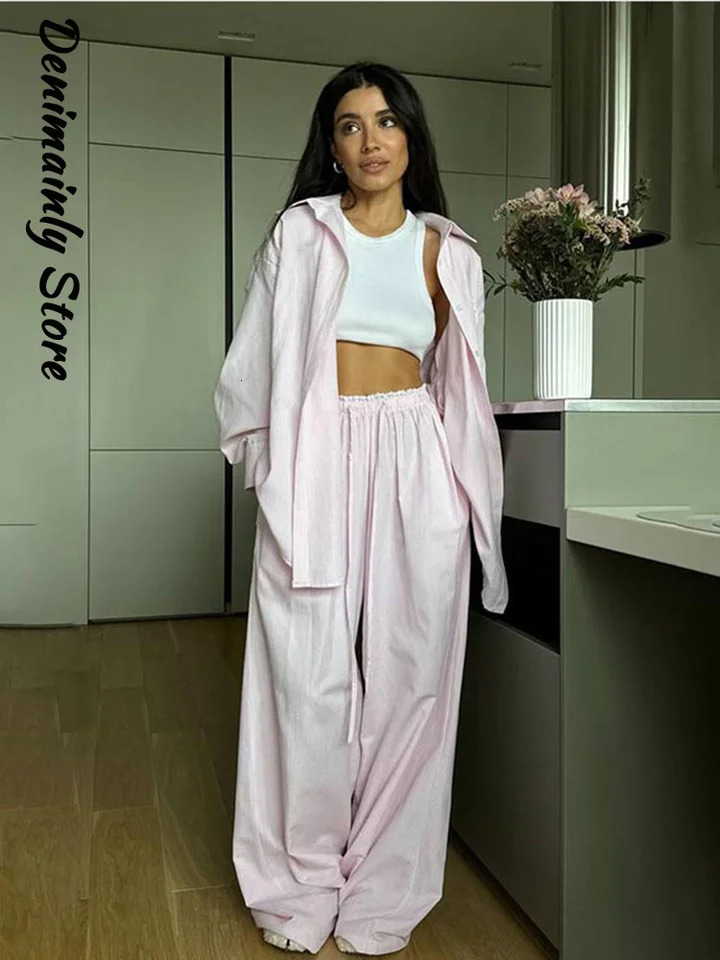 Casual Striped Lace Patchwork Pants Set Women Shoulder Down Long Sleeve Shirt Tie Up Trousers 2025 Summer Chic Lady 2 Piece Set 250811