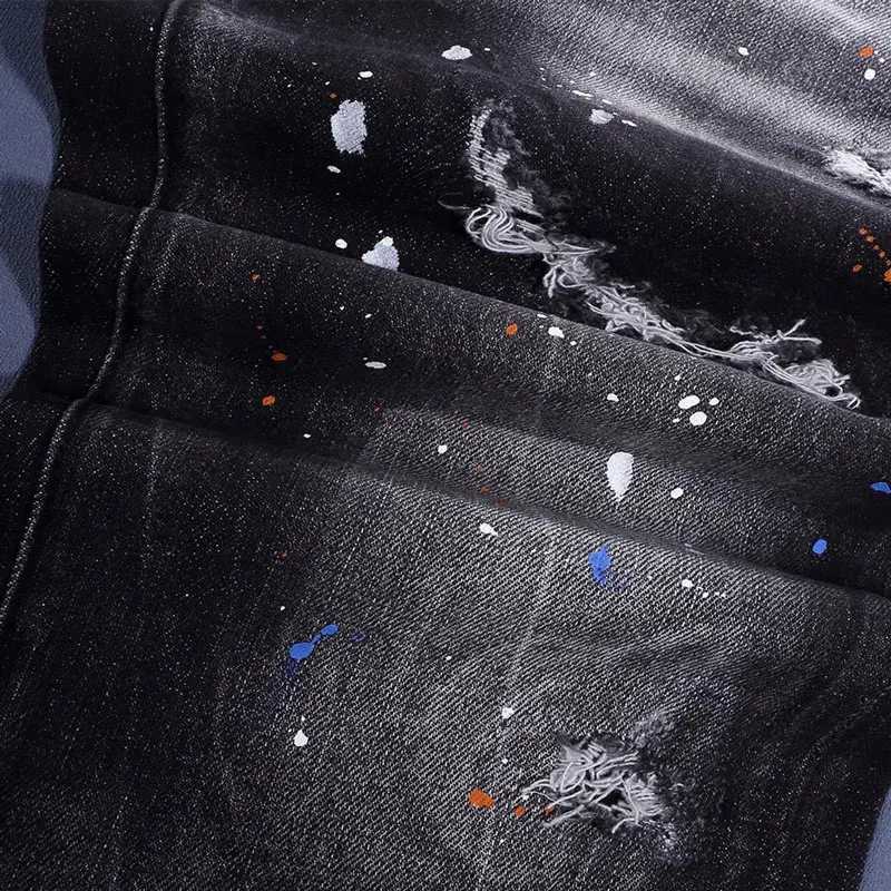 Fashionable new mens jeans scratch painted washed nostalgic stretchy slim fit blue jeans high street designer hip-hop style X250812