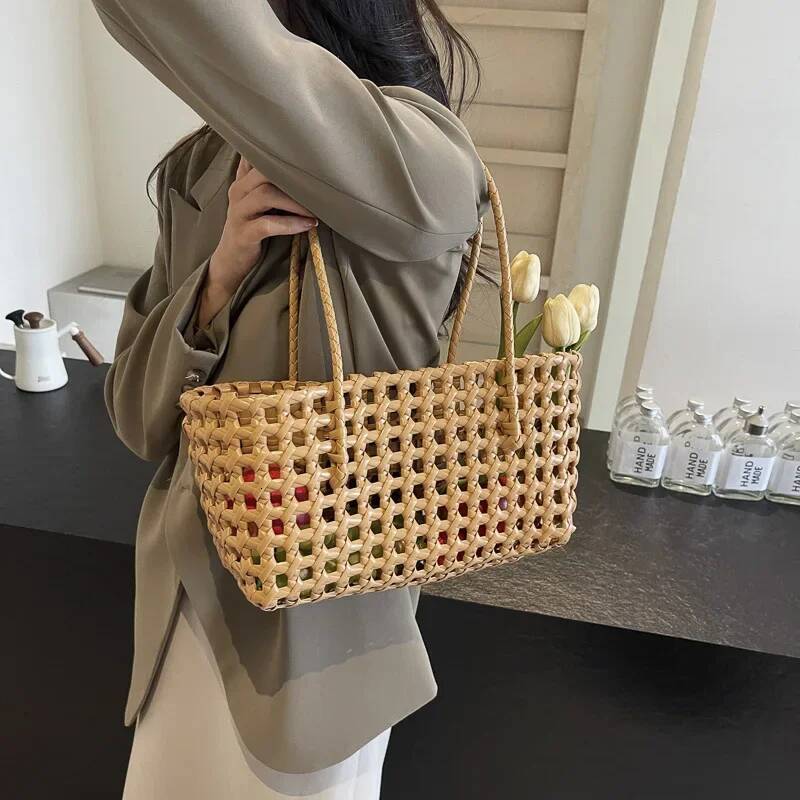 LEFTSIDE Small Solid Color Weave Tote for Women Fashion Summer Shoulder Bags Simple Handbags Hollow Out Beach Bag high-quality