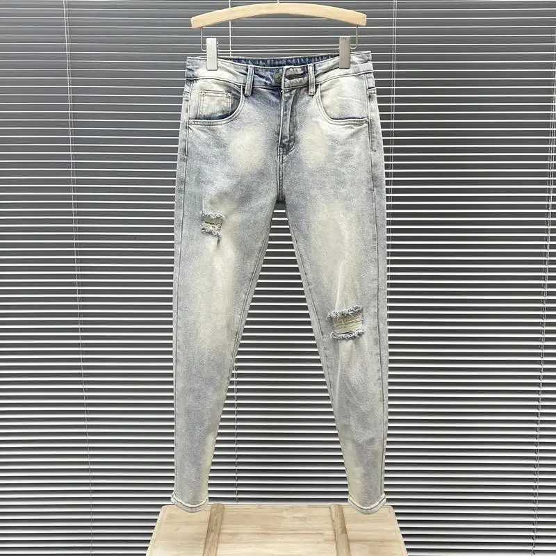 Stylish Mens Casual Cotton Trousers Korean Style Blue Slim Jeans with Distressed Holes Paint Splatters for Summer Youth Pants X250812