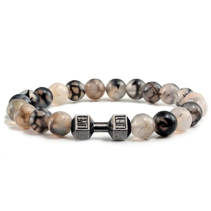 Natural Volcanic Stone Bracelet Men Matte Black Lave White Beads Charm Dumbbell Strand Bracelets Women Barbell Fiess Jewelry