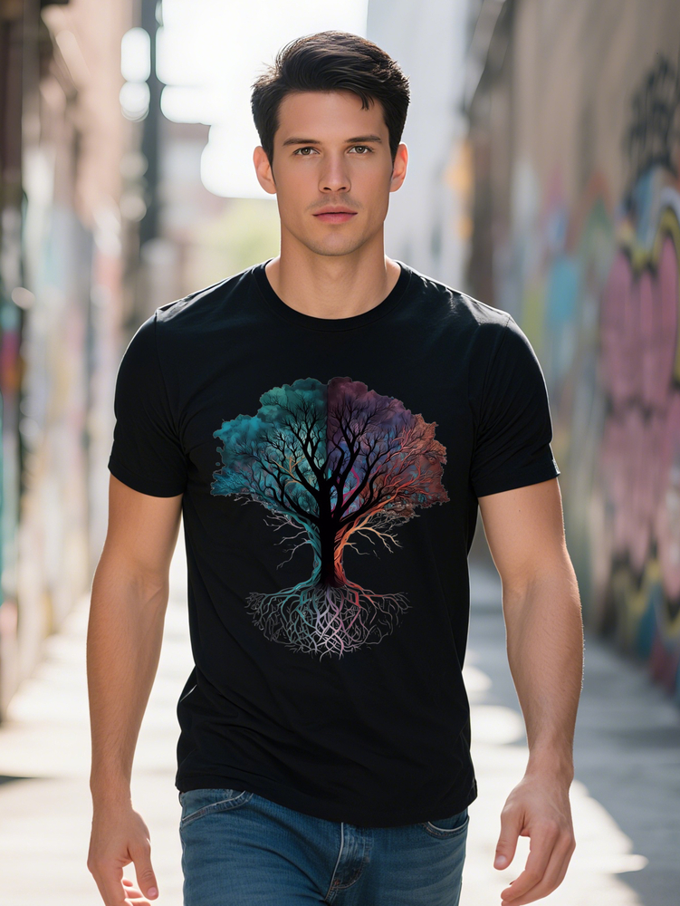 Casual Street Short Sleeve Top for Plus Size Men with Colorful Tree Print Pattern