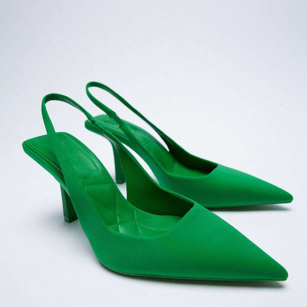2025 New Green Fabric Open Back High Heels French Designer Pointed Designer shoe Toe Stiletto Sandals for Women