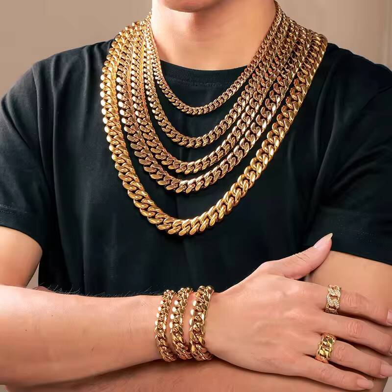 Hot Selle Fashion Jewelry Hip Hop Stainless Steel Jewelry Cuban Curb Link Miami Chain 18k Gold Plated Bracelet Necklace for Men