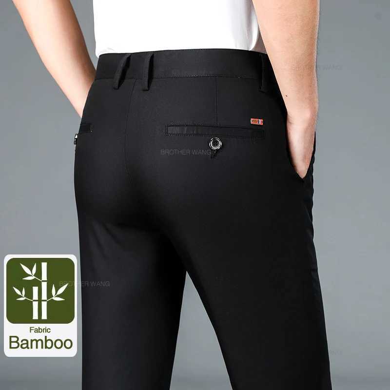 Bamboo Fiber Fabric Mens Casual Pants Summer New Ultra-thin Elastic Soft Straight Business Trousers Classic Black Khaki Gray W250812