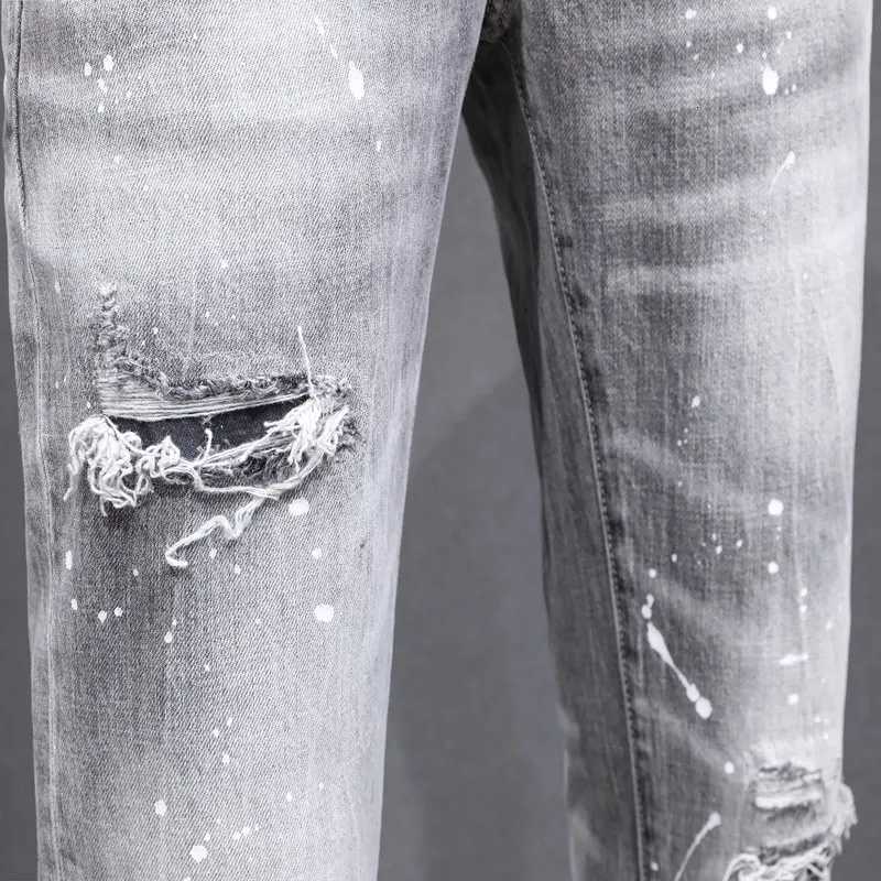 High Street Fashion Mens Split Jeans Vintage Water White Gray Elastic Tight Vintage Jeans Mens Colored Designer Hip Hop Brand X250812