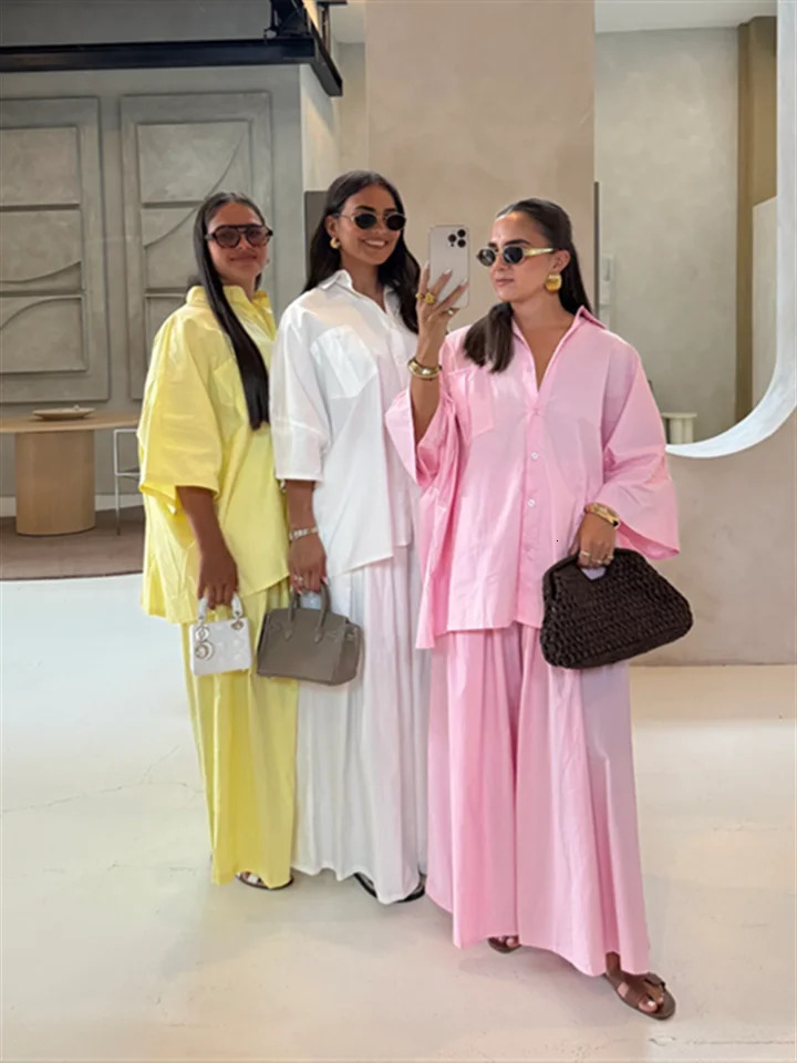 Womens Pant Set Laple Single Breasted Half Sleeve Pockets Shirts High Waist Wide Leg Pants Lady 2 Pieces Summer Beach Outfits 250811